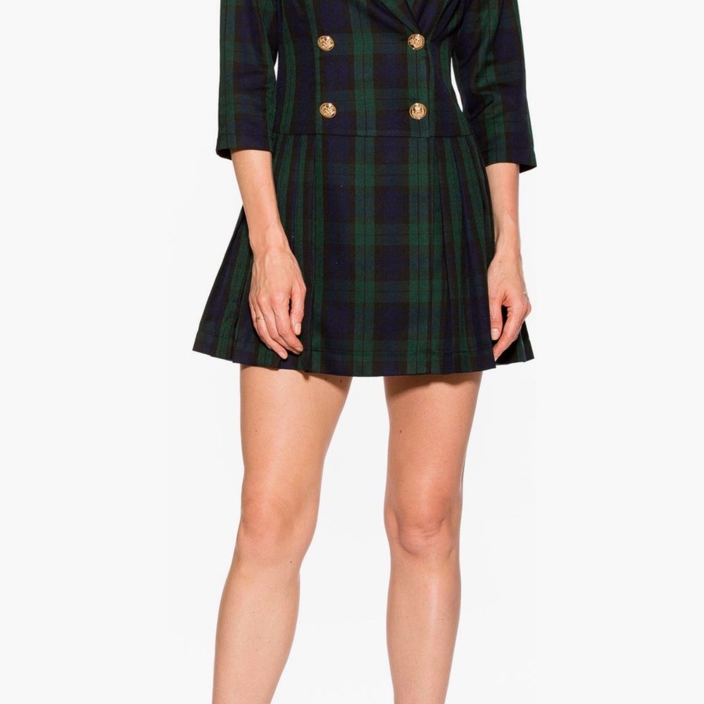 Plaid Double-Breasted Green and Navy Dress - Picture 2 of 3